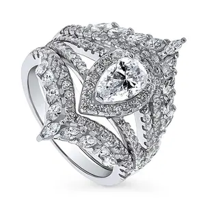 BERRICLE Sterling Silver Halo Wishbone Chevron Crown V Shaped Engagement Rings Statement Stackable Band Split Shank Ring Set for Women, Pear Cut Cubic Zirconia CZ