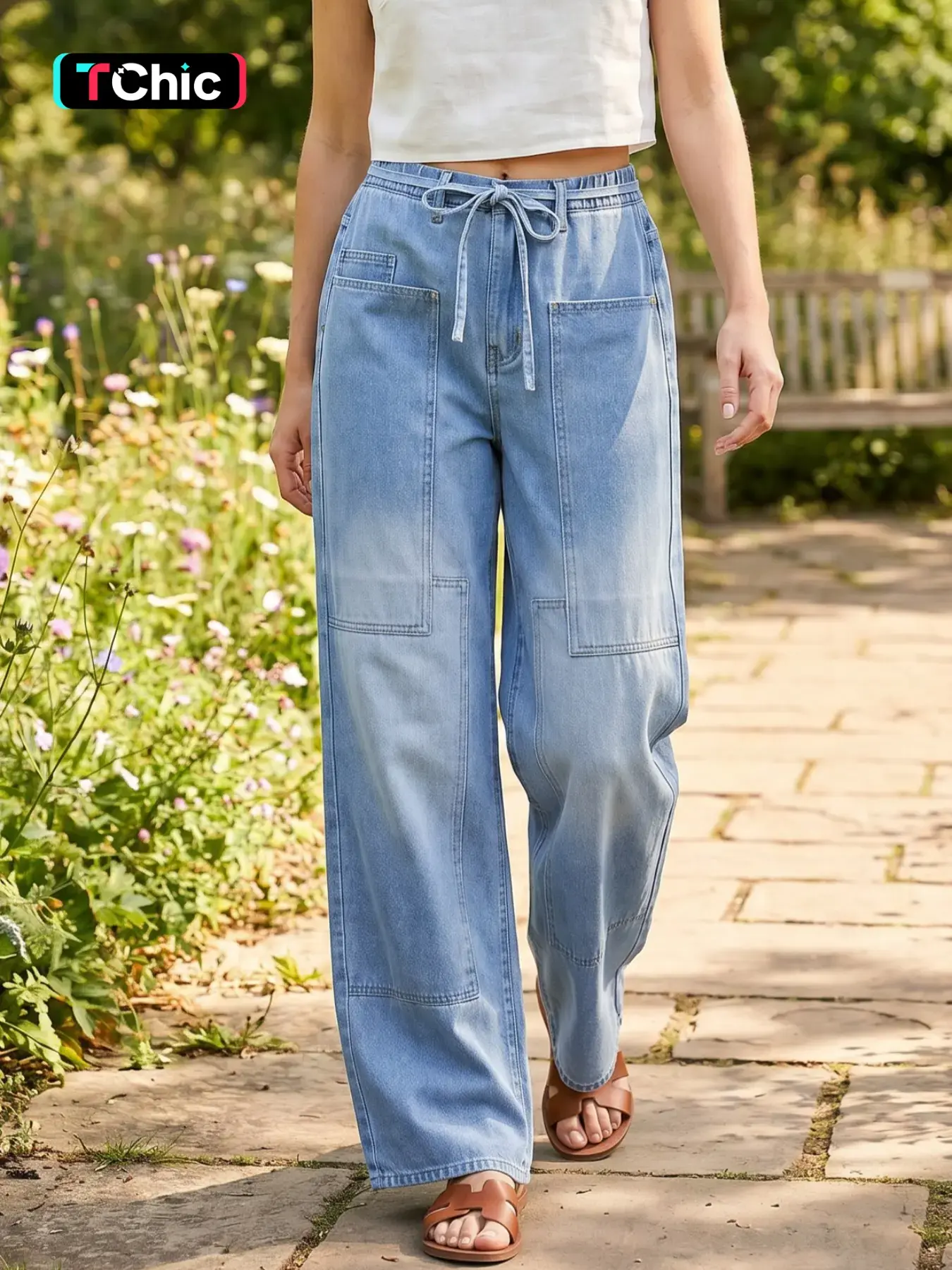 Women's Plain Button Adjustable Tie Waist Drawstring Light Wash Denim Jeans, Everyday Casual Pocket Trousers for Daily Wear, Ladies Bottoms for All Seasons Pants