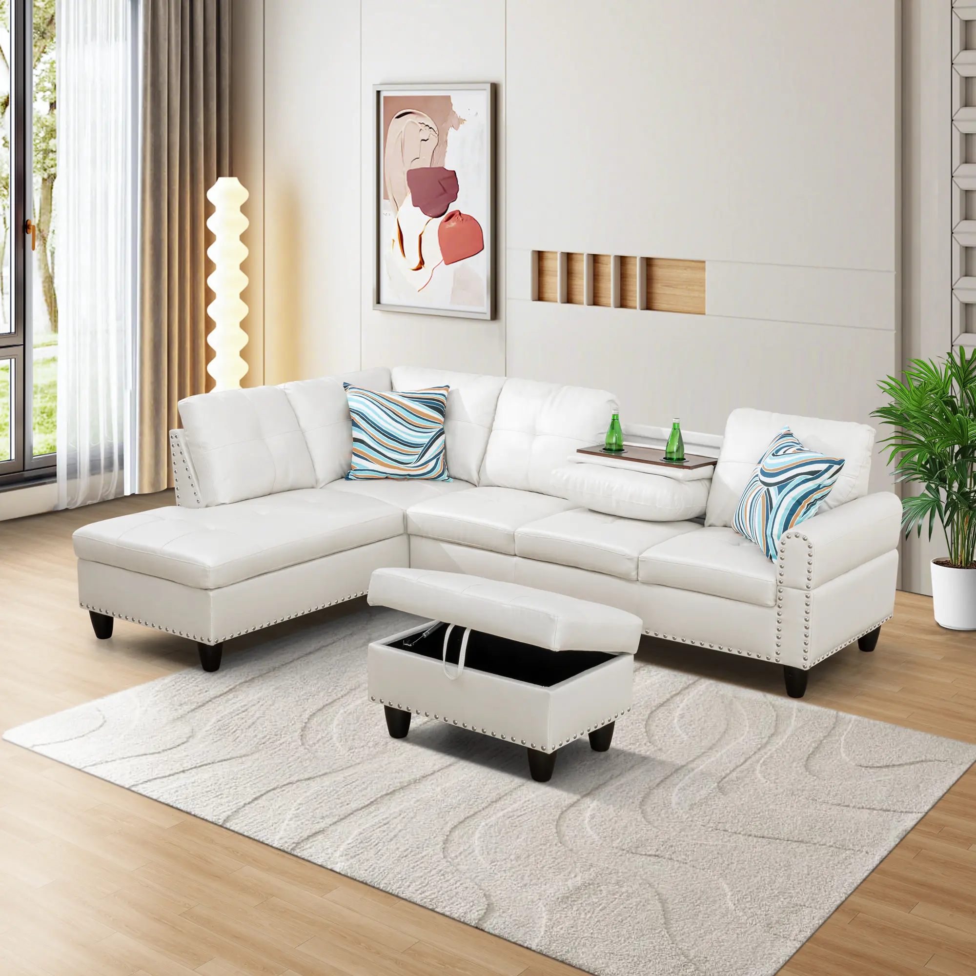 3-Piece White Faux Leather Sectional Sofa Couches, Modern Luxury Indoor Living Room Furniture, Soft-Cushioned, Sturdy, Easy-to-Clean, Ideal for Home & Apartment