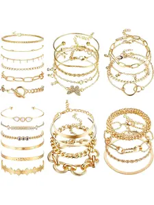 29 Pcs Golden Layered Bracelet Bundle for Women Men Eclectic Mix of Modern Trendy Styles Boho Chic Jewelry Assortment Multi-layer Stackable Designs Flexible Cuff Bangles, Adjustable Classic Paperclip Link Alloy Chains, Cuban Chains, Cuban Bracelets