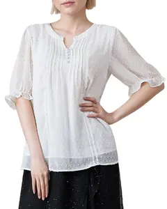 V-neck ruffled blouse with women's mid sleeves for casual coverage and slimming, loose jacquard three-dimensional texture top LE-SY069