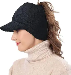 Women Beanie tail Ponytail Messy Bun Solid Ribbed Knit Beanie Hat Cap-Black