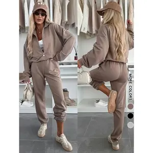 Women’s High-End Bomber Sweatshirt Pants Set, Half-Zip Casual Fashion, Comfortable Daily Wear, Suitable for Women, Fall & Winter