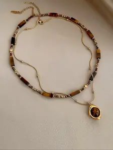 Women's Stainless Steel Necklace Set, Vintage Tiger Eye Stone Pendant Jewelry, Gemstone Necklace, Elegant Layered Clavicle Chain for Daily Wear & Gifts, Stackable Clavicle Chain(The color of the stone is random)