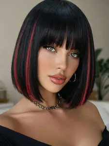 Short Straight Human Hair Bob Wig with Bangs for Women, Remy Hair Breathable Cap with Cute Bangs for Daily Use Beginner Friendly Wear and Go 10 Inch Human Hair Wigs