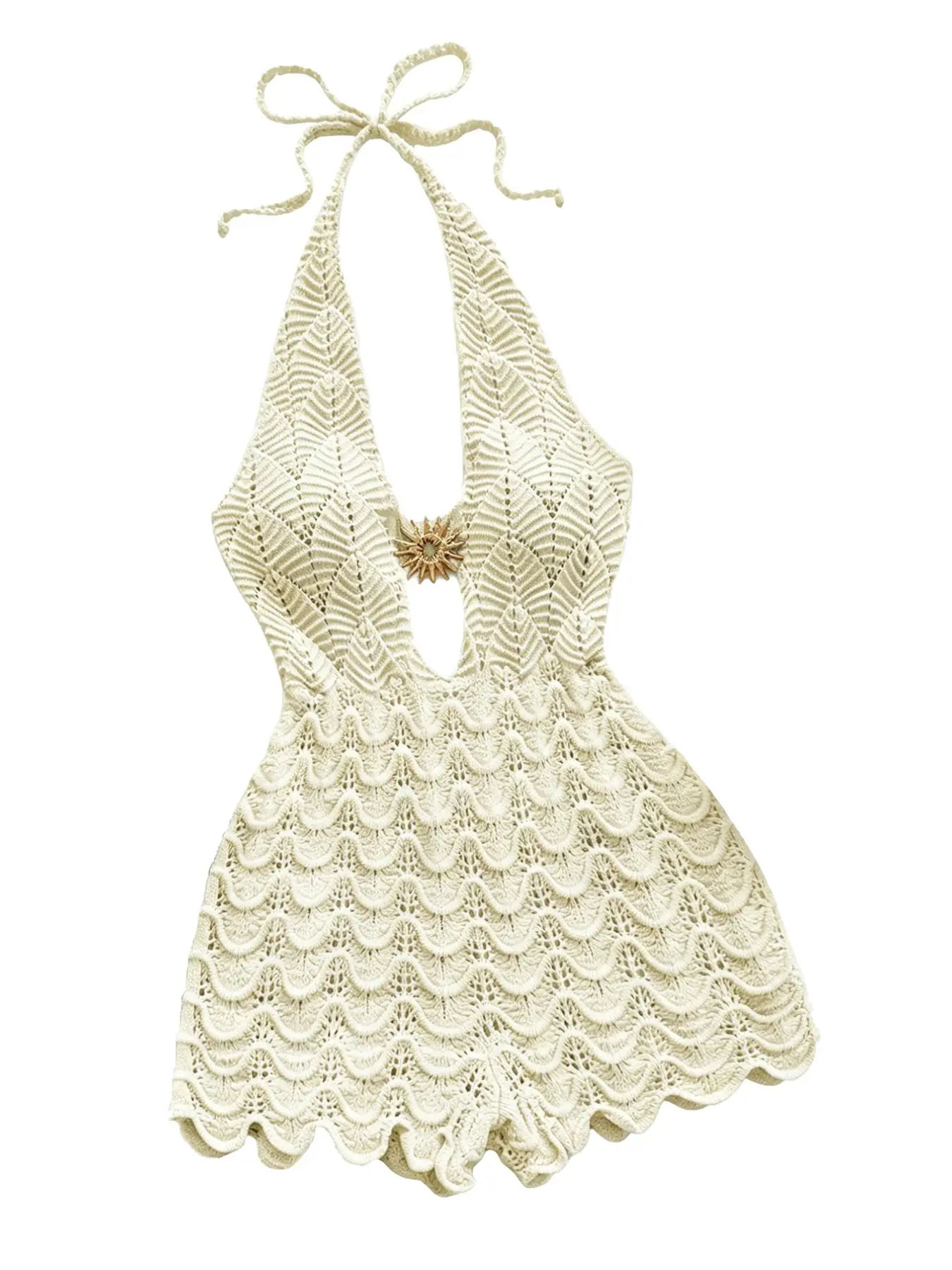 Y2K New Women's One-Piece Fashion Knit Sweater, Hollow Out Sleeveless V-Neck Romper, Strap, Metal Decor, Beachwear, High Elasticity, Sexy Style, Breathable