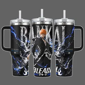 Bleach Bankai Blue Lightning Ichigo Kurosaki Stainless Steel Insulated Tumbler, 20oz/40oz with Straw Lid & 40oz Handle Option, Full Wrap Anime Battle Aura Graphic