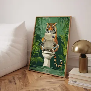Maximalist Tiger Bathroom Print Green Aesthetic Printable Wall Art Dopamine Preppy Trendy Poster Funny Bathroom Art Tiger Sitting On Toilet