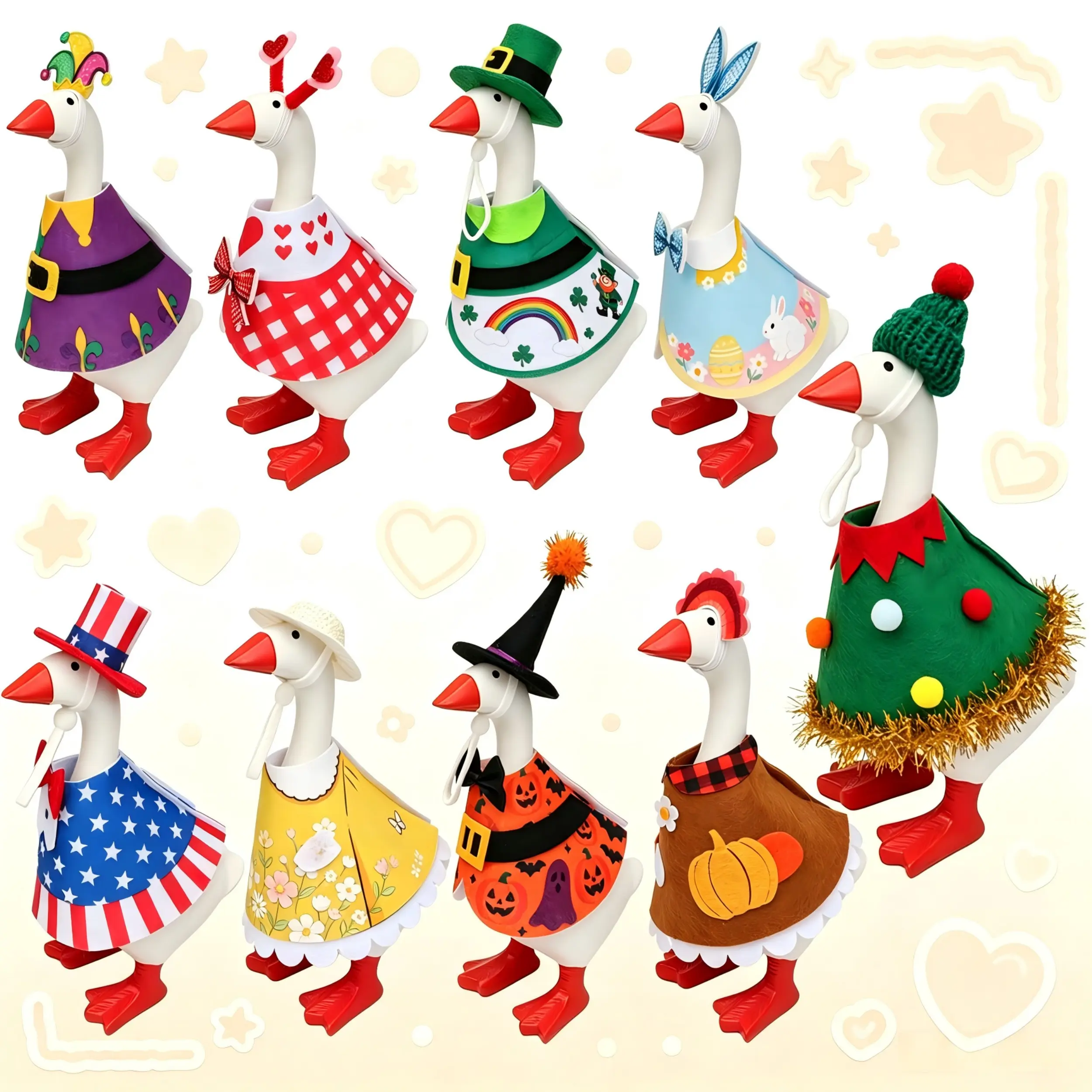 9 Pcs Holiday Felt Costume Sets for 7 Inch Magnetic Desk Goose Duck Statue, Seasonal Decor Accessories for Independence Day Halloween Fall Christmas Desktop Table Decor