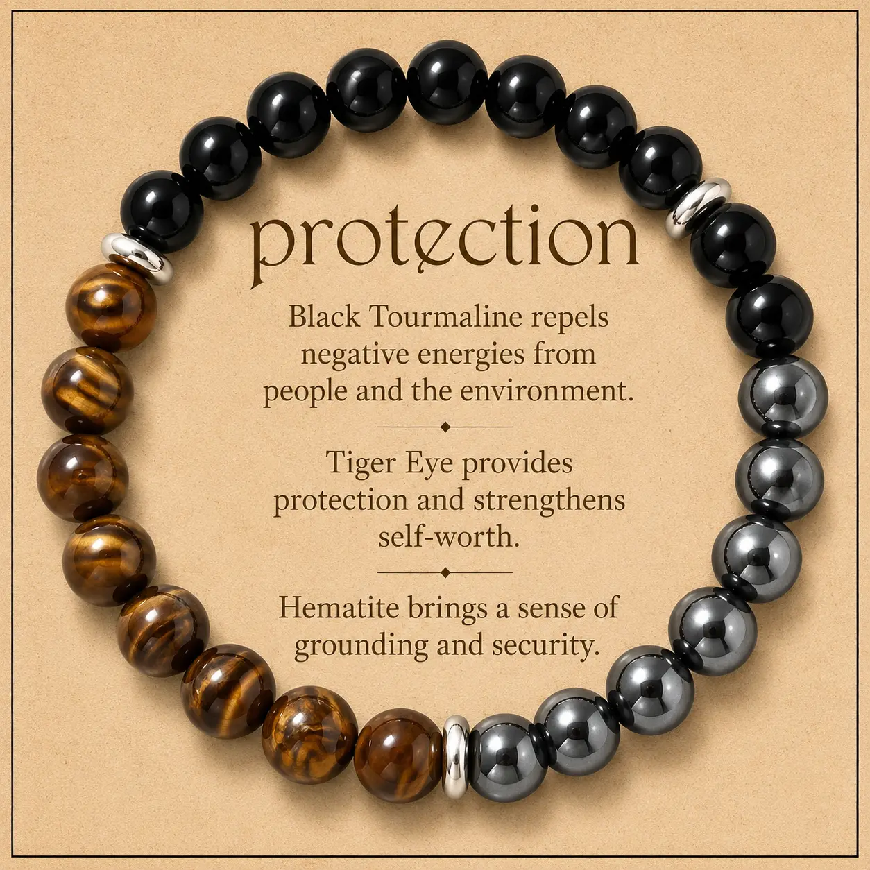 Triple Protection Bracelet Tiger Eye, Black Obsidian, & Hematite 8mm Round Protection Crystals (Gemstone Stretch Bracelet)