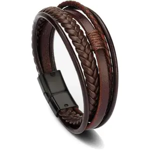 Men's Black Leather Multi-Strand Bracelet Casual Brown Braided Bracelet