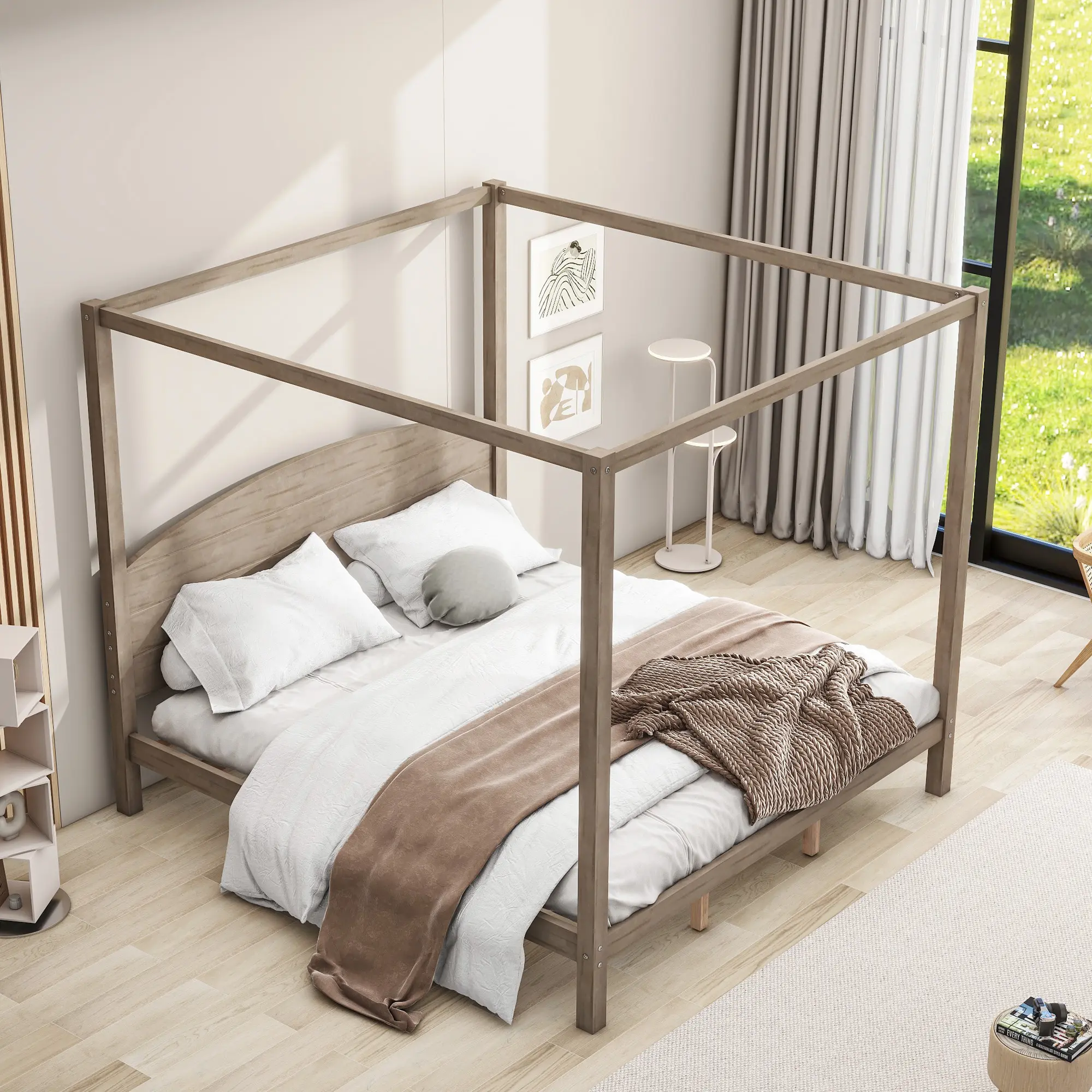 King Size Canopy Bed with Headboard and Slat Support,Wooden King Platform Bed Frame with Slat Support, King Size Bed Frame, No Box Spring Needed