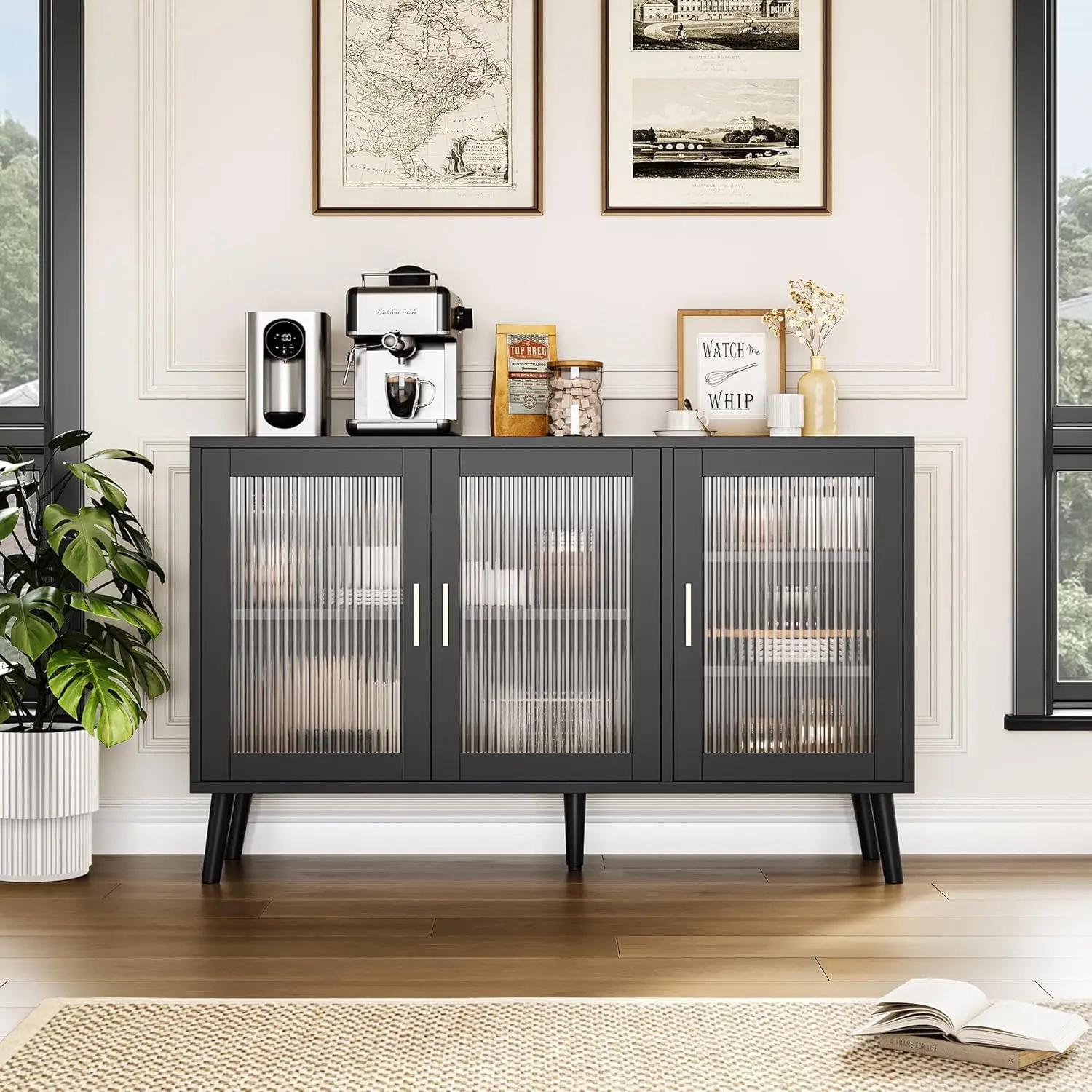 48" Sideboard Buffet Cabinet, Large Sideboard Cabinet with 3 Fluted Glass Doors and Removable Shelves, Black Credenza Decorative for Living Room, Dining Room, Kitchen, Hallway