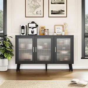 48" Sideboard Buffet Cabinet, Large Sideboard Cabinet with 3 Fluted Glass Doors and Removable Shelves, Black Credenza Decorative for Living Room, Dining Room, Kitchen, Hallway