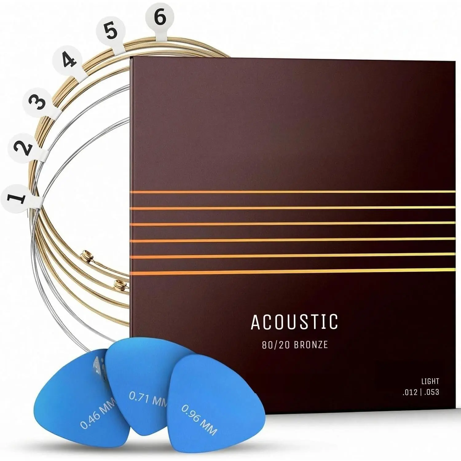 (R) Acoustic Guitar Strings 80/20 Bronze Coating I Brilliant Sound Quality I Includes 3 Picks (Light 12-53, 1 Set)