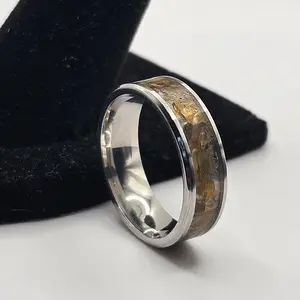 Rock Natural Crystal Ring Amber Stainless Steel Ring Sizes 4.5-12 8mm 6mm 2mm Widths Resonates with Chakras Shields Negative Energy Healing Cleansing Transformation Fossil