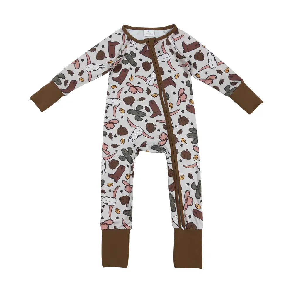 Baby Boys' Western Cowboy Cacti All-Over Print Cotton Blend Long Sleeve Romper Sleeper with Snap Closure, Practical Newborn-6M Clothes, Ideal Baby Shower Gift