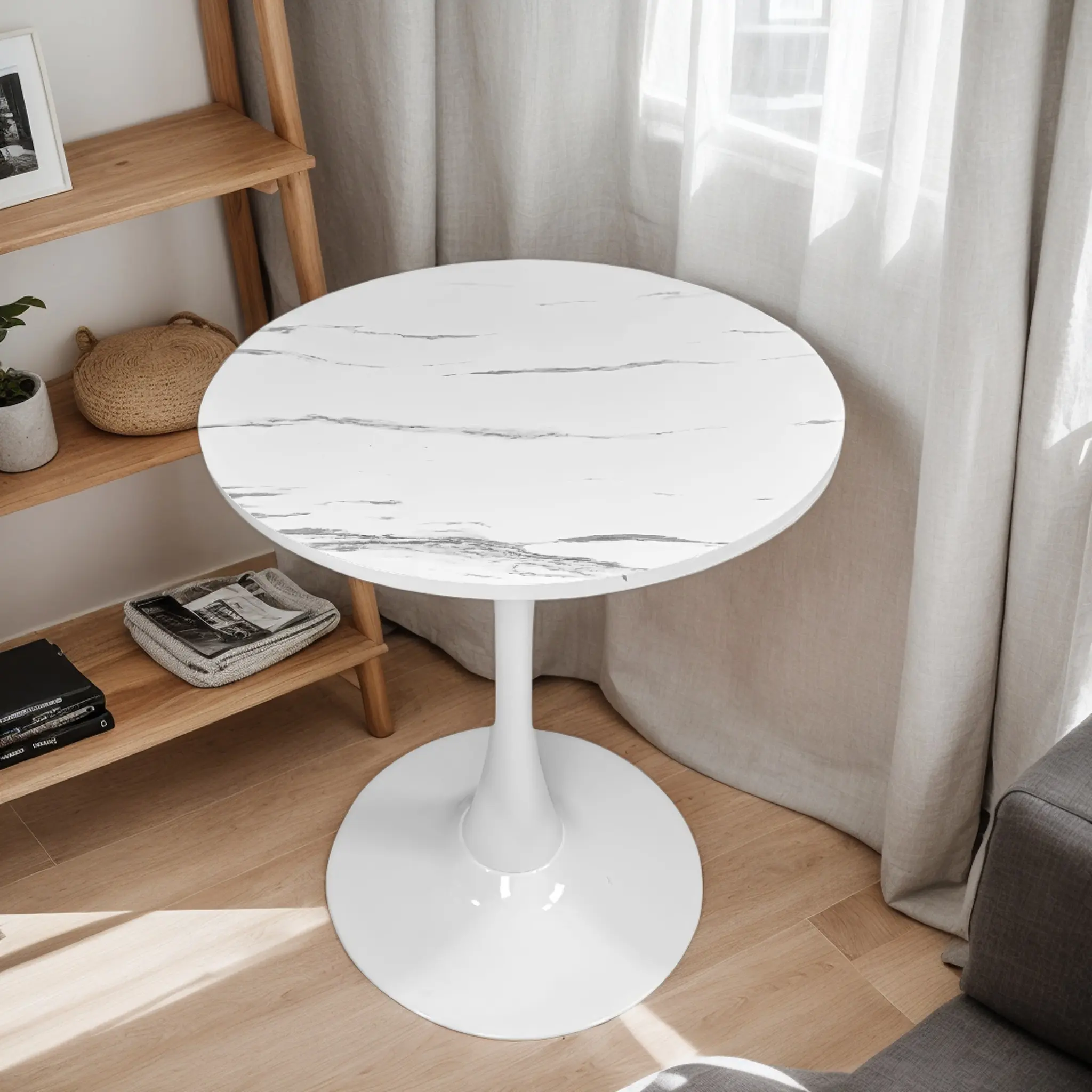 Round Tulip Table 24 Inch, MDF Top with White Marble Texture, Steel Base, Modern Minimalist Dining or Coffee Table for Kitchen, Living Room, Office, Small Spaces, Easy Assembly, Sturdy Metal Frame