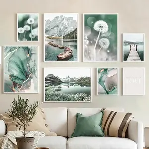 Nature Landscape Canvas Painting Green Lake Dandelion Wall Art Aesthetic Marble Scenery Poster Modern Living Room Home Decor Artwork Decoration