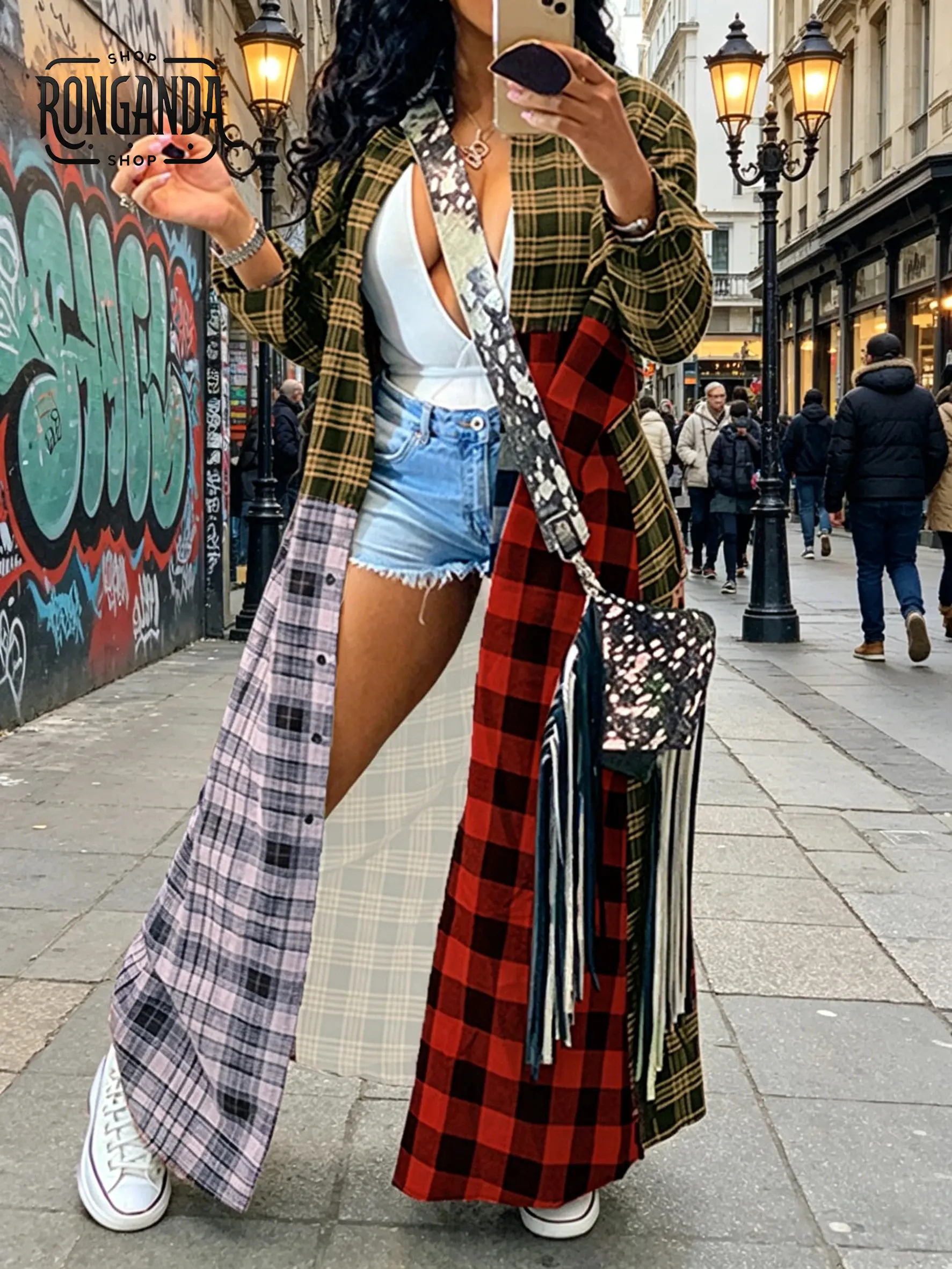 Women's Oversized Patchwork Plaid Shirt Jacket, Asymmetric Colorblock Streetwear, Long Sleeve Ankle-Length Duster Coat