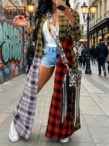 Oversized Patchwork Plaid Long Shirt Jacket – Asymmetric Color Block Streetwear Outerwear