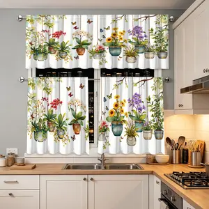 3pcs Floral Butterfly Curtains, Natural Style Drapes Window Curtain for Kitchen Living Room, Coffee Shop Restaurant Decor Valance Set, Ideal for Home Enthusiasts