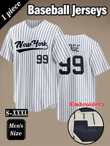 Men's # 99 Classic Striped Baseball Shirt,New York letter embroidery, daily casual short sleeved V-neck comfortable breathable baseball shirt button cardigan, suitable for outdoor sports and games, street fashion hip-hop outfit for both men and women