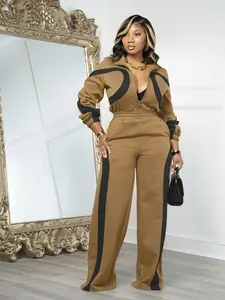 Women's Fall & Winter Fashion Colorblock Long Sleeve Jumpsuit, Casual Half Button Elastic Waist, Fitted Plain Style