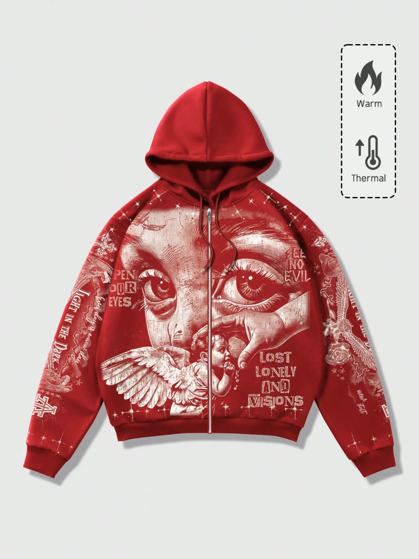 Y2K Dark Angel Eye Print Hooded Oversized Zipper Long Sleeve Sweatshirt, American Vintage Zip-Up Cardigan, Unisex Outerwear, Fashionable Streetwear, Tops