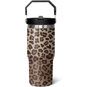 30 oz Tumbler With Handle,Leopard Print Skinny Vacuum Insulated Tumbler With Flip Straw,Cute Cheetah Print Cups Water Bottle CoffeeTravel Tumbler, Leopard Decor/Accessories for Women
