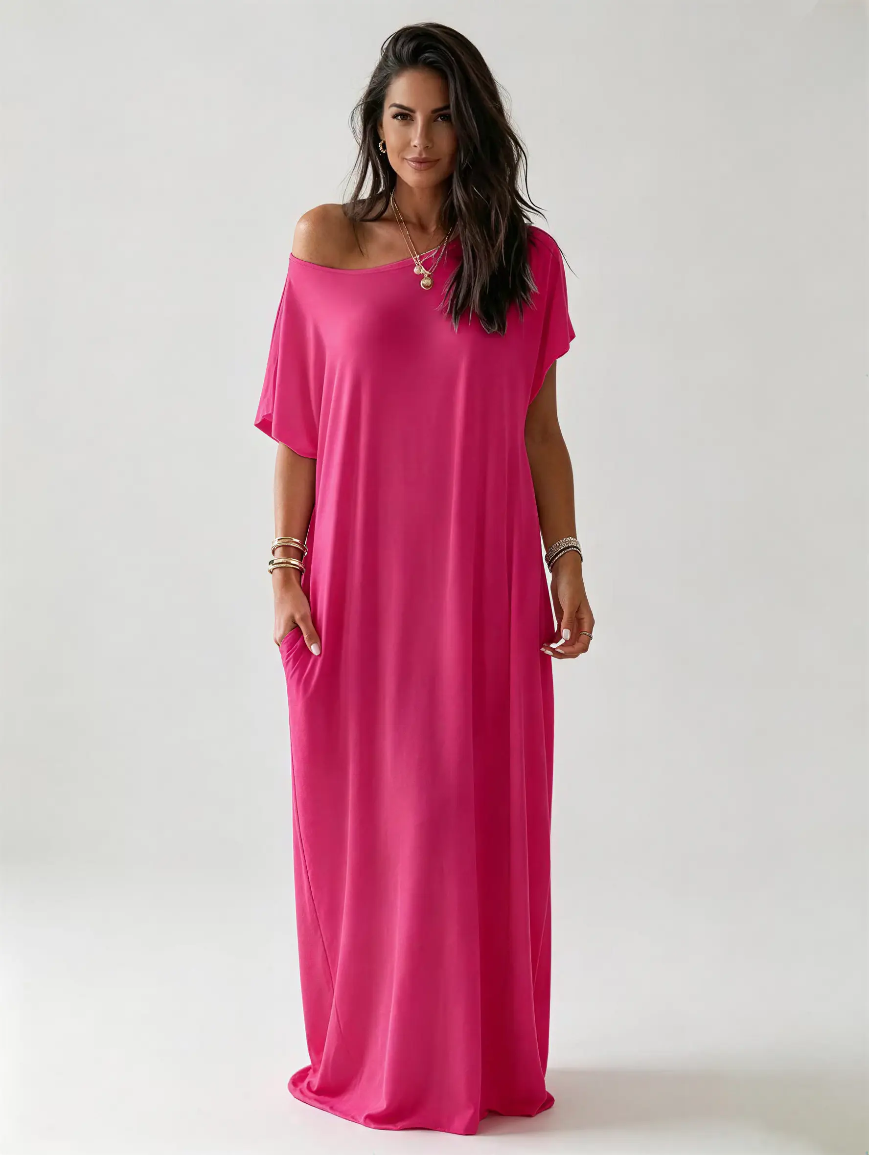 ELASWAVE Women's Solid Color Baggy Long Nylon Blend Loungewear Maxi Dress - 3 Styles, Casual, Breathable, Bias Cut, Batwing Sleeves, Pockets, Lightweight, Comfy Fabric, Nightwear, Cold Shoulder, Bat Wing Dress, Evening Relaxation, Short Sleeve