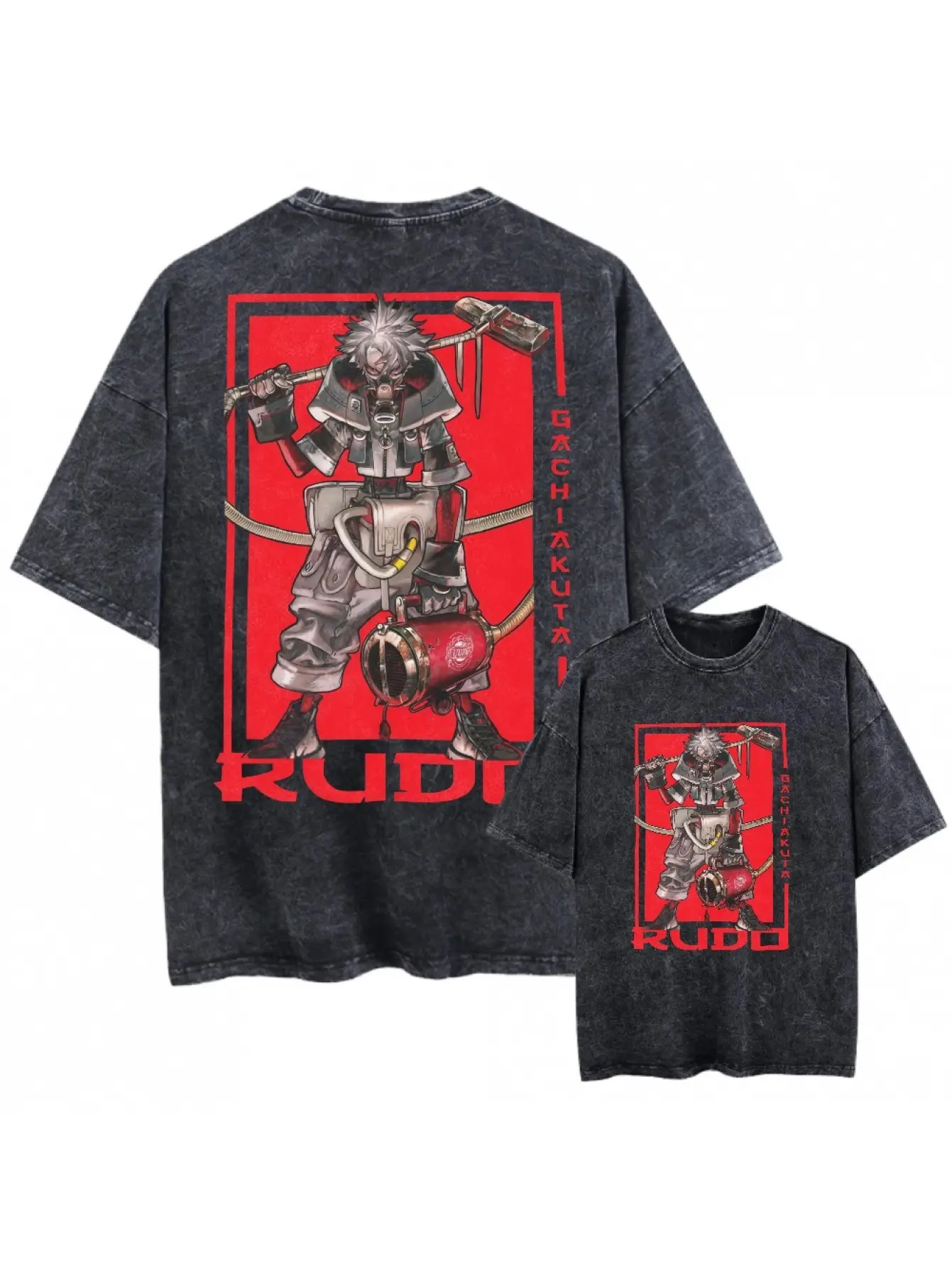 Vintage Washed Gachiakuta Anime Top, Unisex Graphic T-Shirt with Double-Sided Rudo Print, Short Sleeve Party Clothes, Distressed