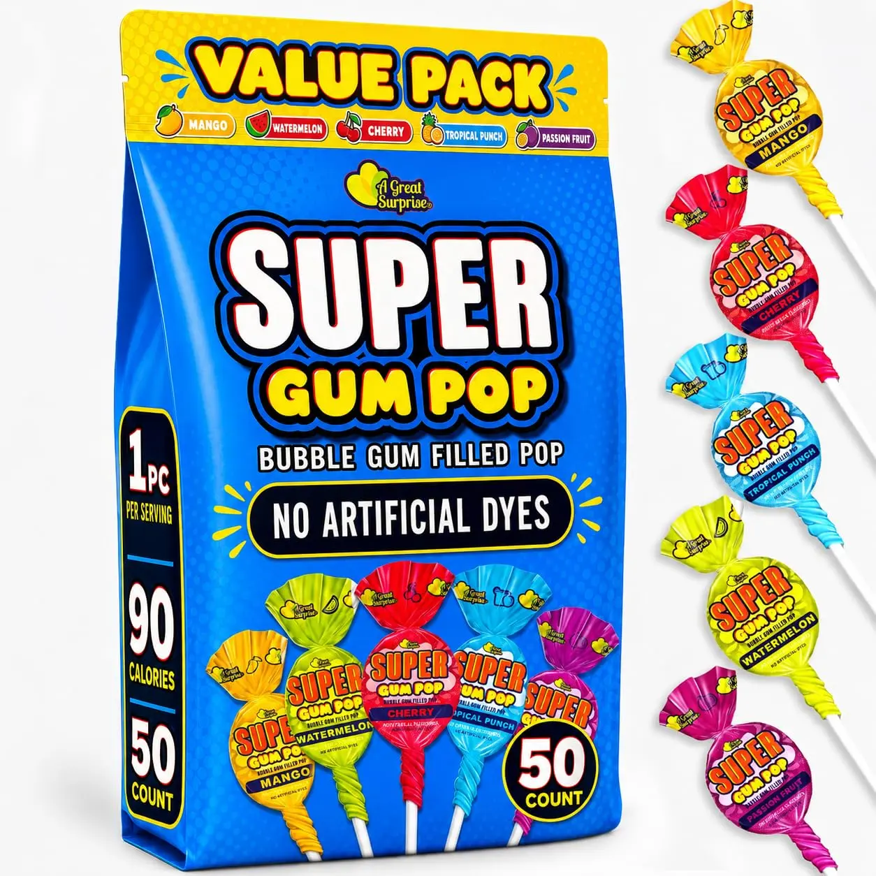 Mega Gum-Filled Lollipops, 50 Count, Over 2 lb, No Artificial Dyes, Cherry, Passionfruit, Mango, Watermelon, and Tropical Punch Flavors