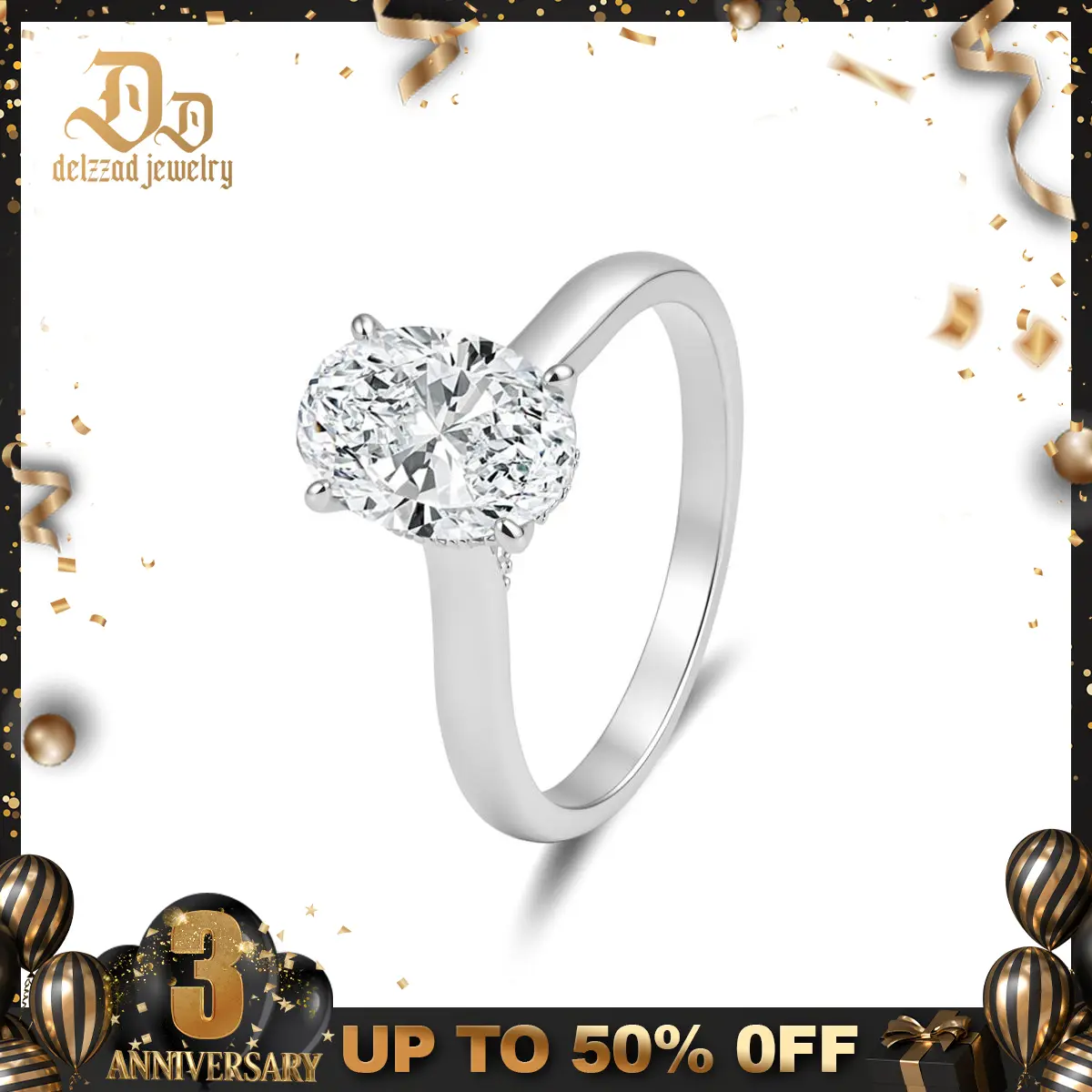 Delzzad 14K Gold-Plated 2ct Solitaire Oval Promise Engagement Ring Synthetic Moissanite Wedding Ring Jewelry Perfect Birthday Engagement Wedding Anniversary Christmas Gift for Women