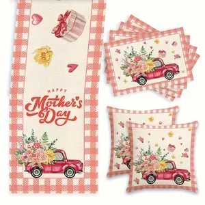 Mother's Day Table Runner Set, 7-Piece Plaid Carriage Decor, Pillow Covers & Dining Mats, Family Celebration Essentials