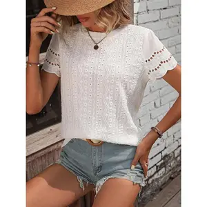 Vista X Summervibes Women's Plain Knitted Eyelet Embroidery Hollow Out Tee Casual Chic Scallop Trim Short Sleeve Round Neck T-shirt for Summer Ladies Clothes Daily Wear Womenswear Crewneck Shortsleeve