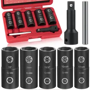 2-In-1 Lug Nut Removal Tool & Set, with 1/2" Drive, Easy Out Broken Bolt Extractor Kit, Ez Out Stripped Wheel Lock for Removing Rounded, Rusted, Nuts & Screw 7-Pieces(Red)