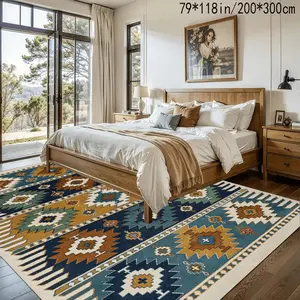 Bohemian Style Velvet Carpet, Geometric Pattern Anti-Slip Boho Washable Rug, Home Decor for Living Room Bedroom Kitchen Indoor Outdoor Machine Washable Rugs