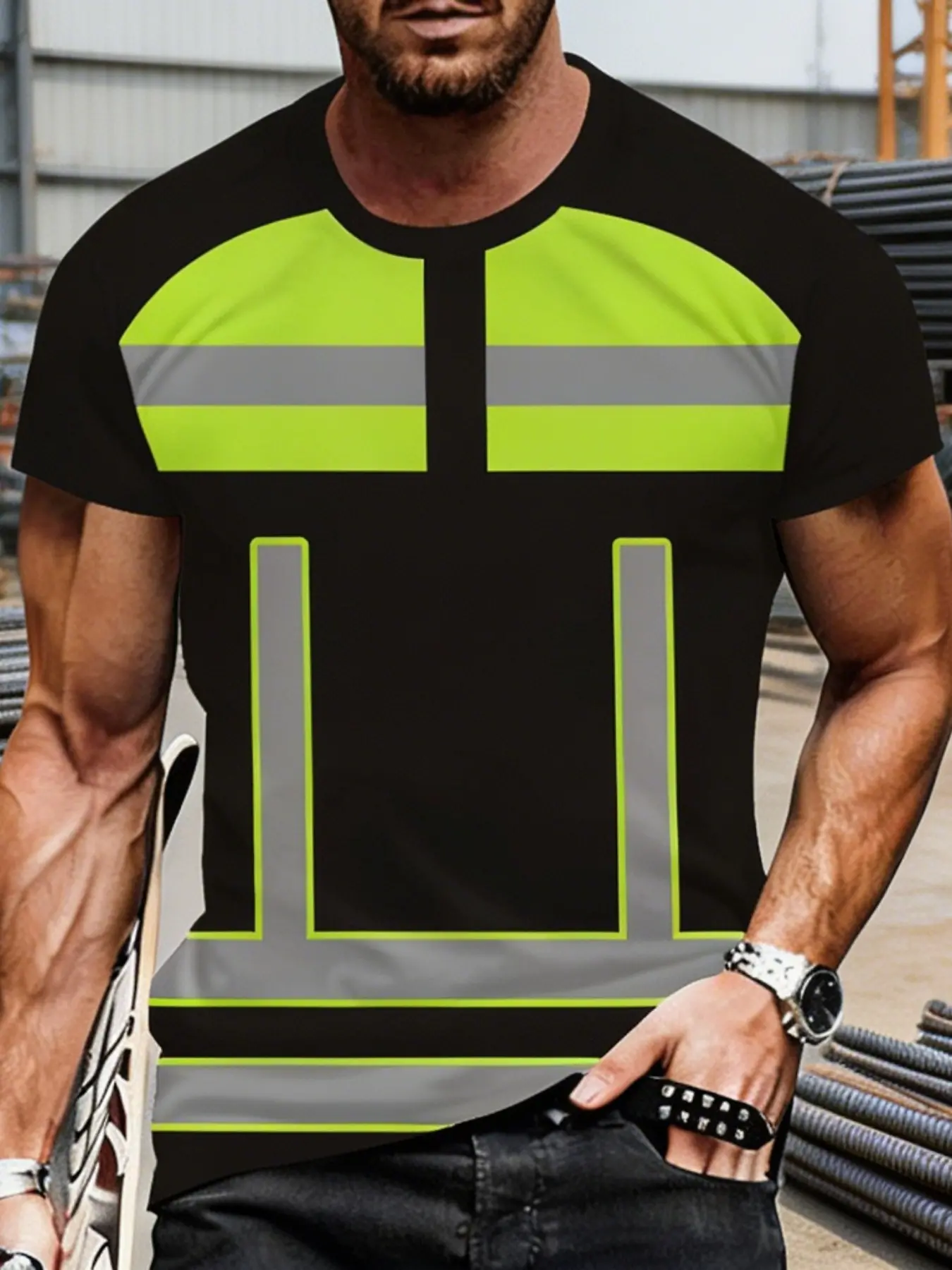 Summer Men's Reflective Safety Casual Style Tee Round Neck, Casual Colorblock High Visibility Short Sleeve, Fashionable Comfort Design, Ideal Gift Choice