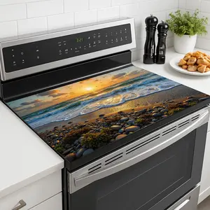 1pc, 2D/Flat Heat-Resistant Glass Stove Top Cover Protector Mat with Sunset Beach Ocean Waves Artwork - Decorative Dish Drying Ceramic Washer Top Mat for Electric Cooktops, Durable Kitchen Appliance Accessory