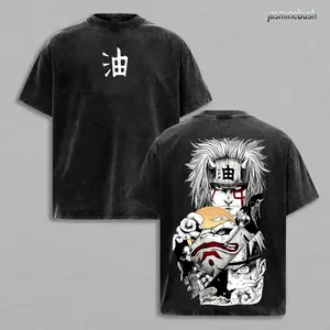 Men's Jiraiya x Naruto Anime Double Printed Vintage Washed Oversized Tshirt, Soft Round Neck Heavyweight Cotton Apparel, Unisex Naruto Merch for Jiraiya Fans