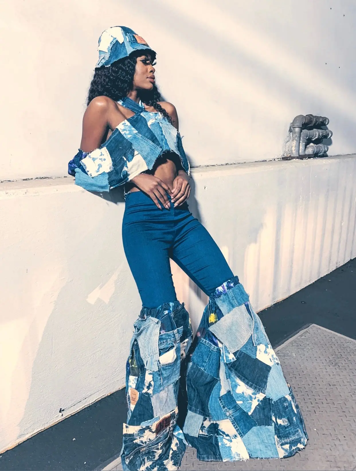 Women's Upcycled Denim Patchwork Leg Flare Pants - Adjustable Elastic Waist, Custom-Made Made-to-Order Stylish Casual Bottoms