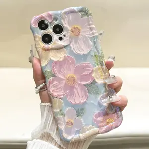 Premium Colorful Retro Oil Painting Printed Flower Laser Curly Waves Phone Case,Shockproof Cover for iPhone 16 Series Plus 13 14 15 Pro Max Protection Smartphone