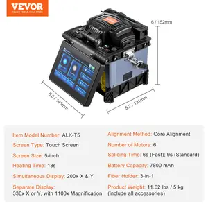 VEVOR Fiber Fusion Splicer 6 Motors, Core Alignment Fiber Optic Splicer 6s Splicing 13s Heating, Fiber Splicer Machine with 5 Touch Screen, 3 in 1 Fiber Holder, 7800mAh Battery for SM MM DS NZDS