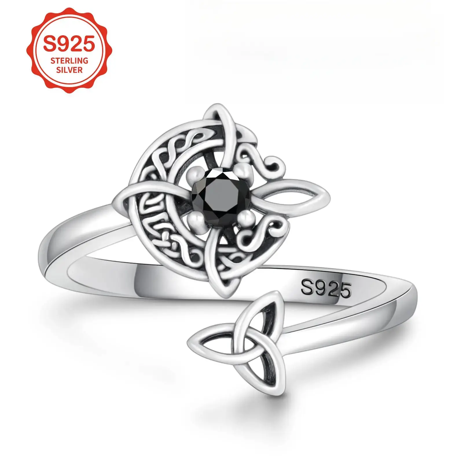 Unique Witch Knot Ring in 925 Sterling Silver, Goth Mystic Jewelry for Women with Crescent Moon & Black Diamond Accent, Adjustable, Unique Rings 925, Witchy Rings, Fantasy Rings