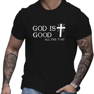 Menswear "God Is Good All The Time" Cross 100% Cotton Fabric Casual Round Neck Short-Sleeve T-Shirt, Faith-Based Tee,summerwins