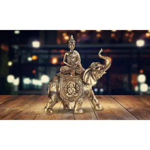 9.5"H Brass Color Thai Buddha Meditation on Elephant Statue Feng Shui Decoration Religious Figurine