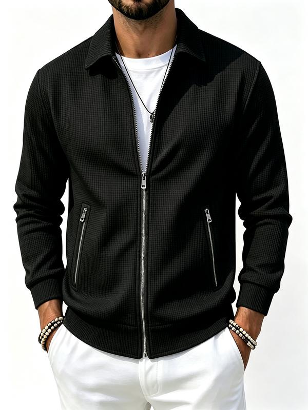 Men's Textured Zip Up Jacket, Long Sleeve Casual Lightweight Jacket with Stand Collar, Ribbed Cuffs and Zipper Pockets, Versatile Everyday Streetwear for Spring Fall