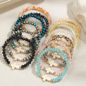 12pcs Bohemian Style Multicolor Artificial Crystal Beaded Bracelet Set, Multi-Layer Turquoise Cross Bracelet, Suitable for Holiday Gifting and Everyday Versatile Wear
