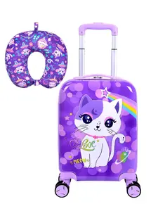 2Pcs Kids Purple Cat Luggage Set - Hard Shell Carry On Suitcase with Spinner Wheels + U-Shaped Neck Pillow, Cute Cartoon Cat Print Travel Trolley for Girls